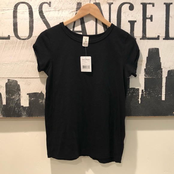 Free People Tops - Free People Black Cotton T with Rolled Sleeves S